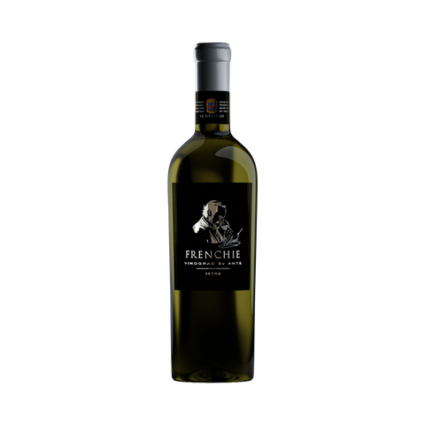 A bottle of Frenchie Blanc de Blancs white wine in a dark green glass bottle with a black label and silver foil at the neck, centered on a plain white background.